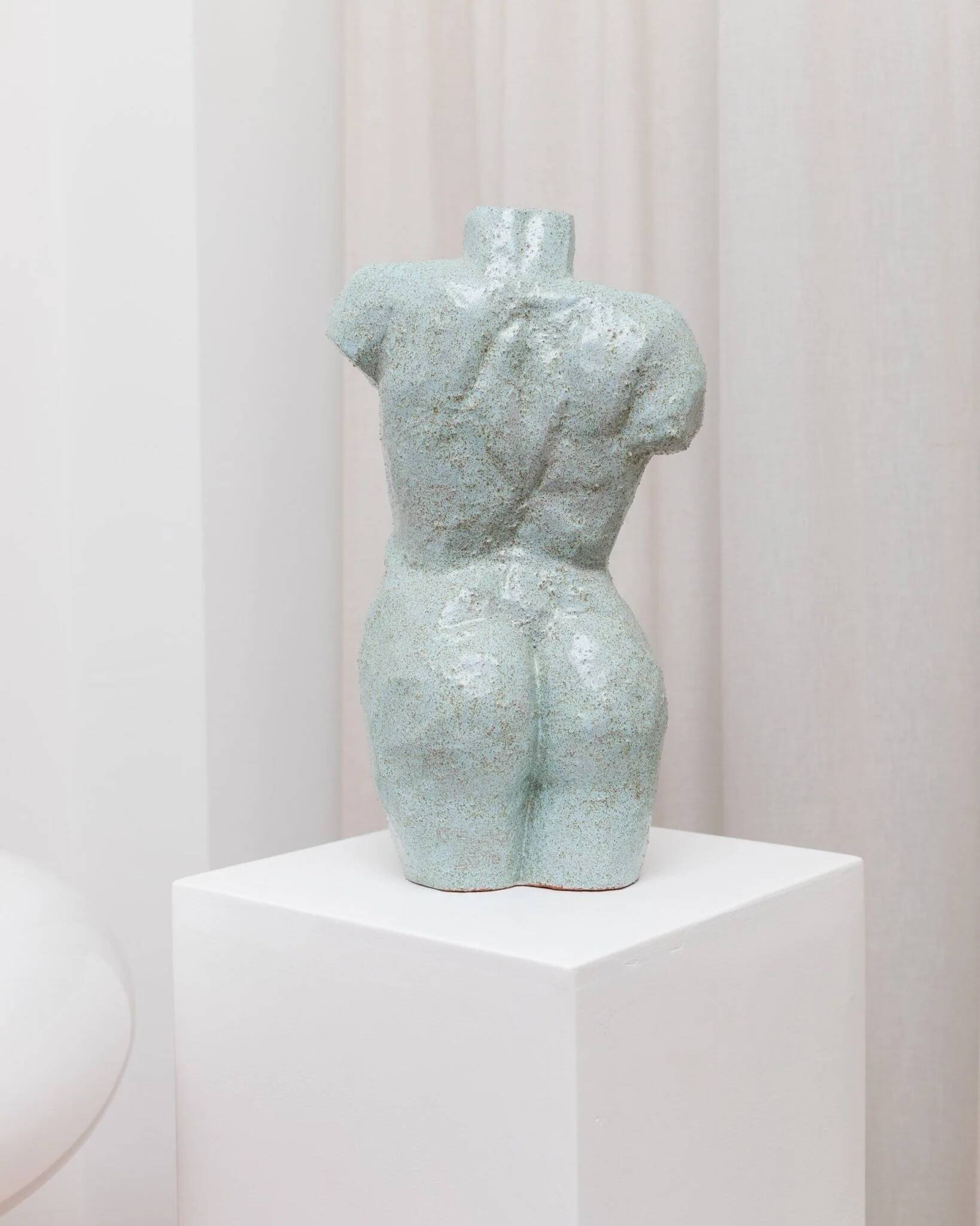 Light blue clay ceramic torso statue – mid-century design sculpture, heavy studio piece