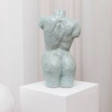 Light blue clay ceramic torso statue – mid-century design sculpture, heavy studio piece