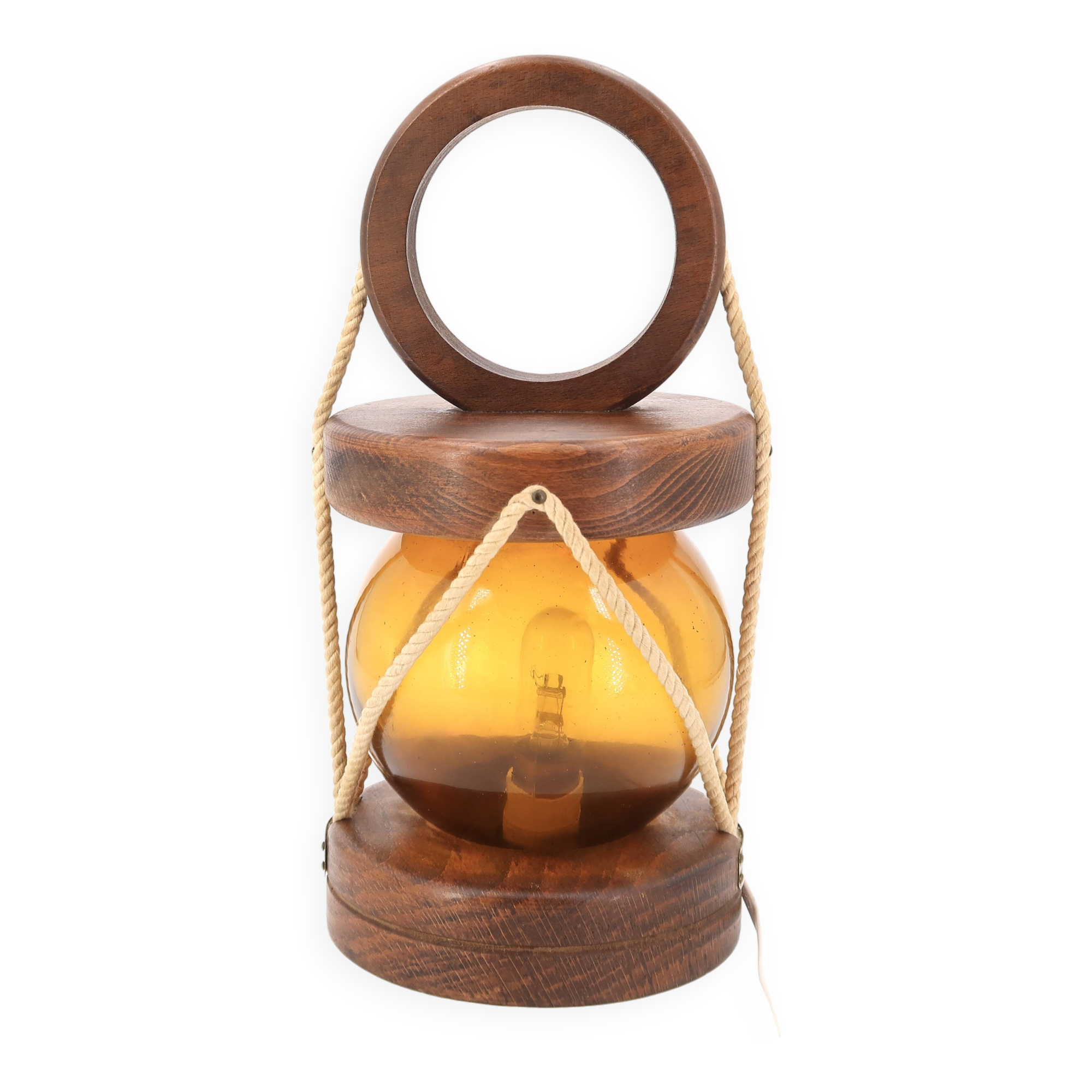 Lampe tempête en bois et verre de Saint Malo, années 70