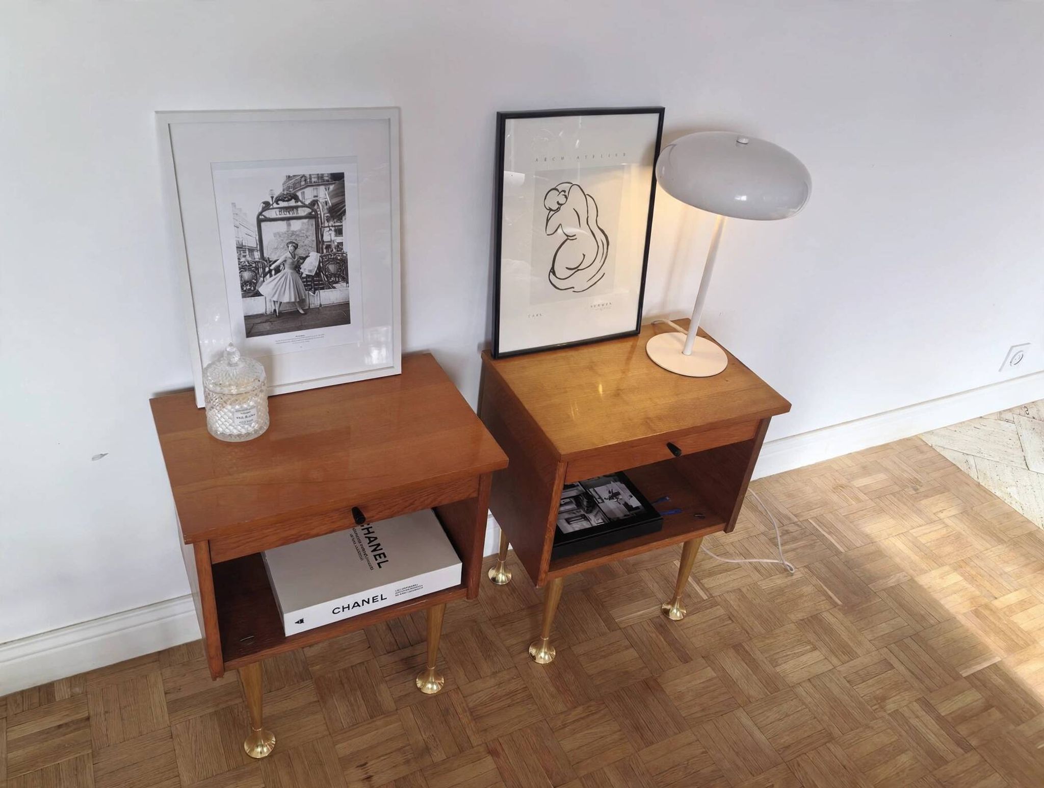 Pair of Vintage Mid-Century Nightstands in Walnut & Brass - 8 Bell Feet -