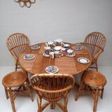 Bamboo table with extensions, 3 chairs and 3 stools from the 60s