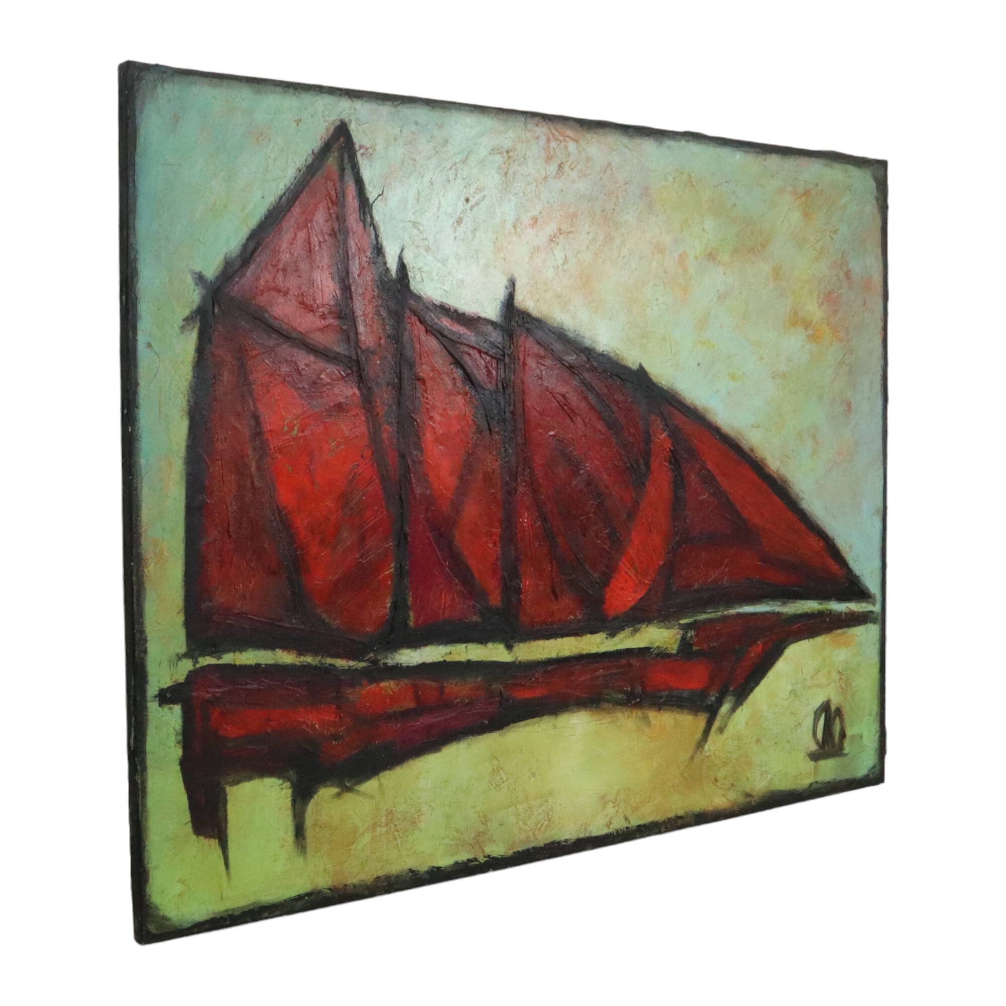 Abstract Boat Art Oil On Canvas XL Huge Painting Signed 146x114cm
