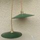 Pair of old pendant lights in green and white enamelled sheet metal, industrial style, retro farmhouse