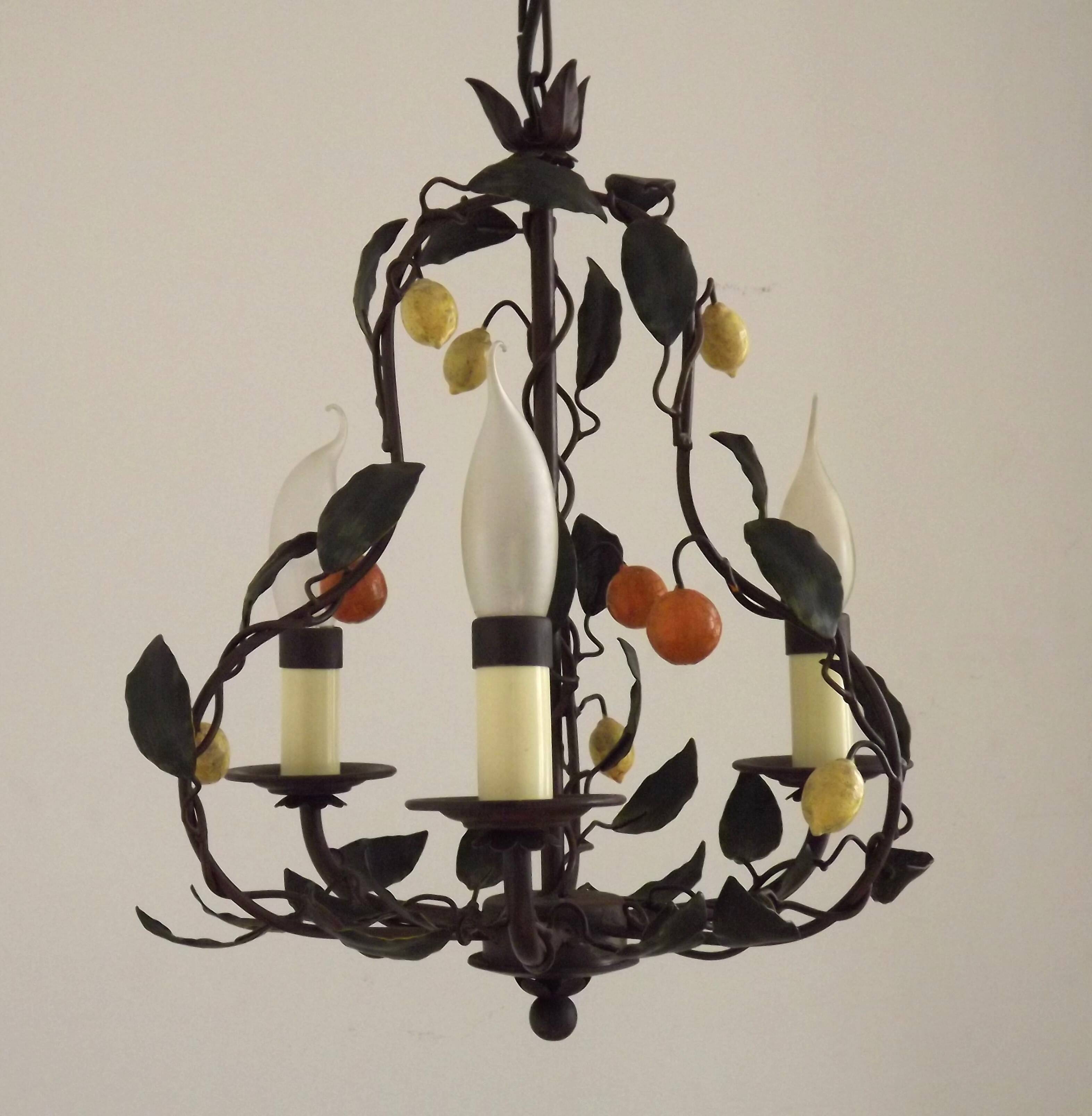 Lustre français à 3 lumières, brun clair, avec feuilles vertes, citrons et oranges 5473