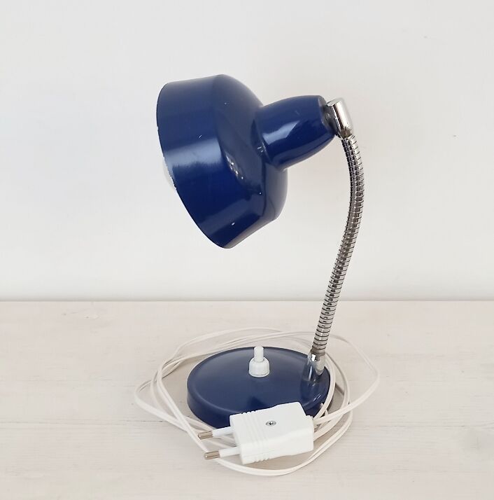 Flexible bedside lamp in blue lacquered sheet metal and stainless steel, 70s.