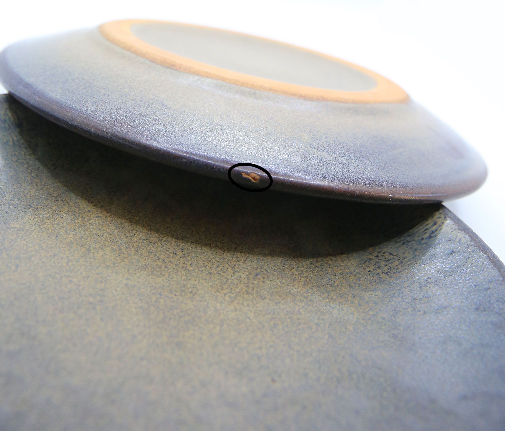 Set of 3 bluish and ochre plates in stoneware Arts Ceram Grand Feu
