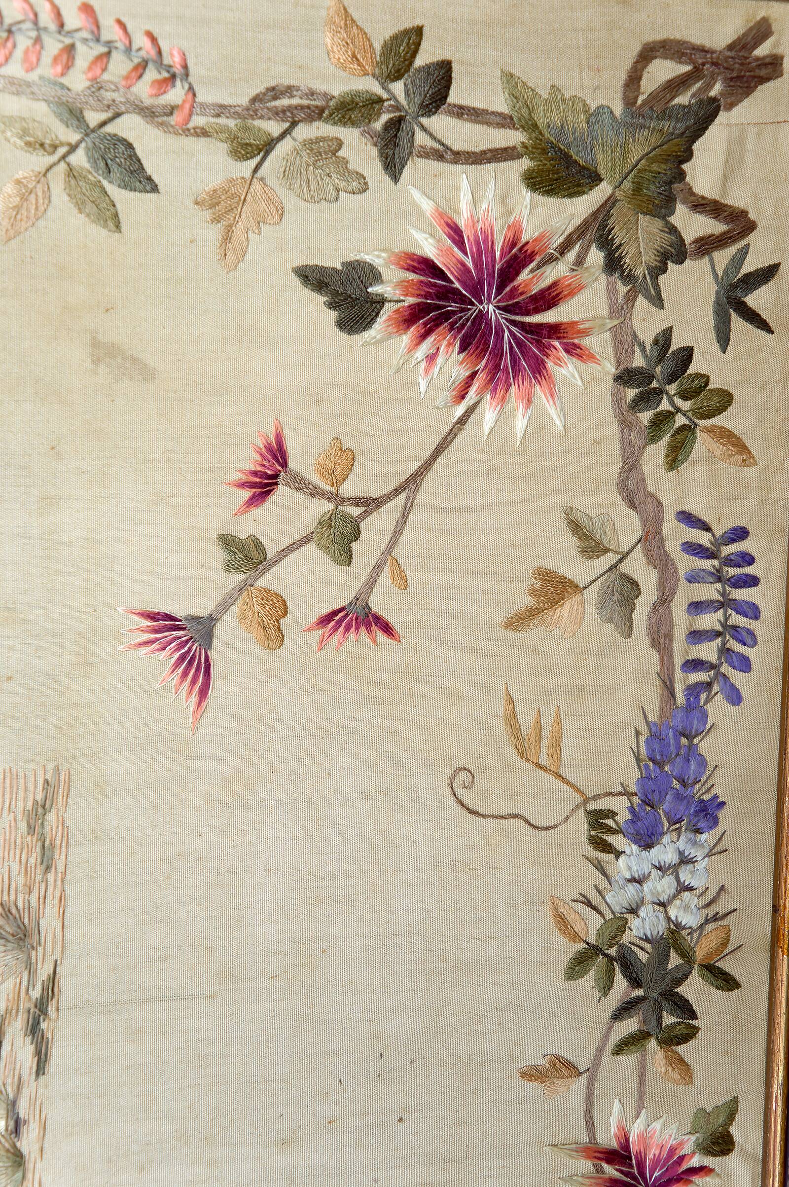 Important Set of Three Indochinese Silk Embroidered Tapestries