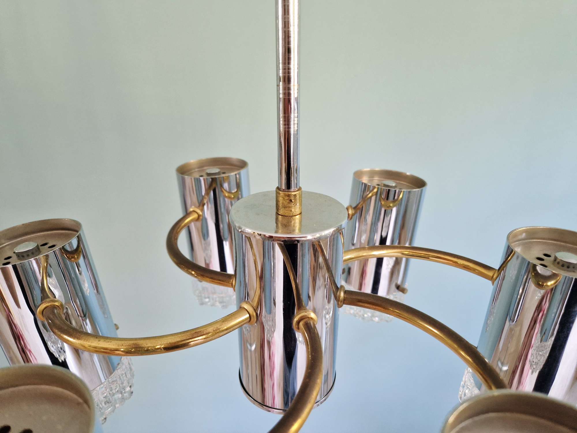 Chrome and brass Space Age chandelier, 1970s.