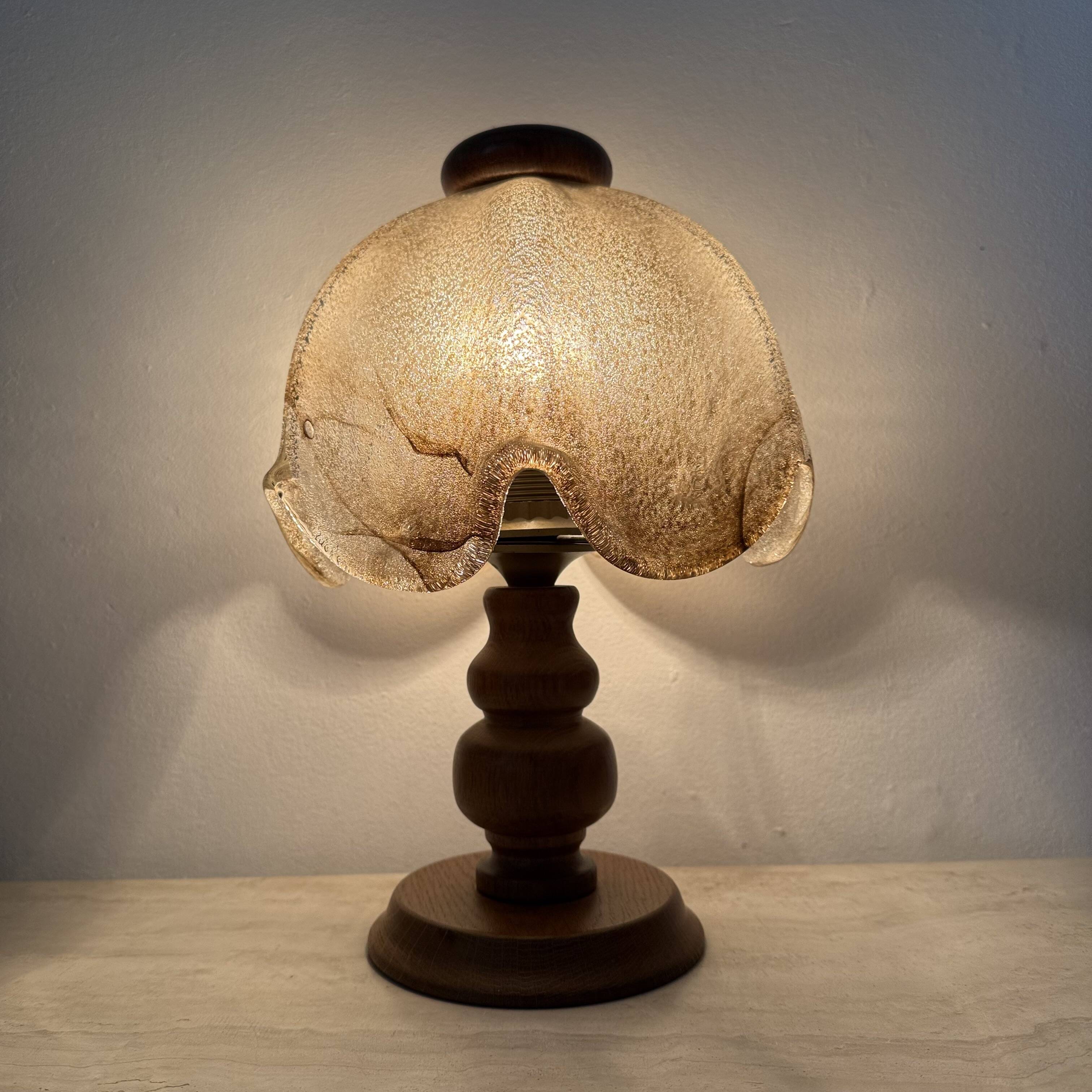 Vintage brutalist glass table lamp with solid oak wooden base , 1970s