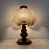 Vintage brutalist glass table lamp with solid oak wooden base , 1970s