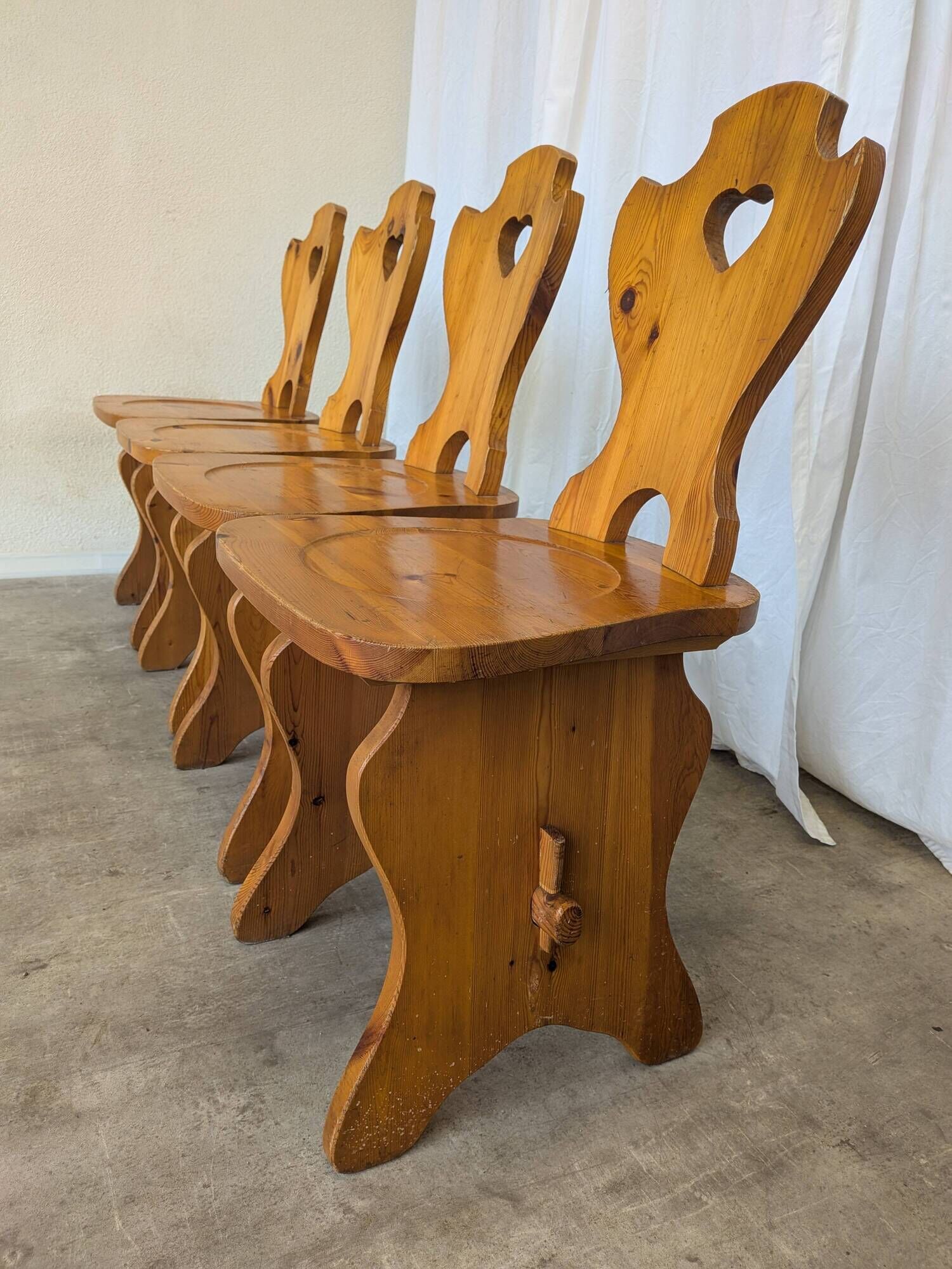 Vintage Alpine Wooden Chairs (Set of 4) Heart Cut-Out