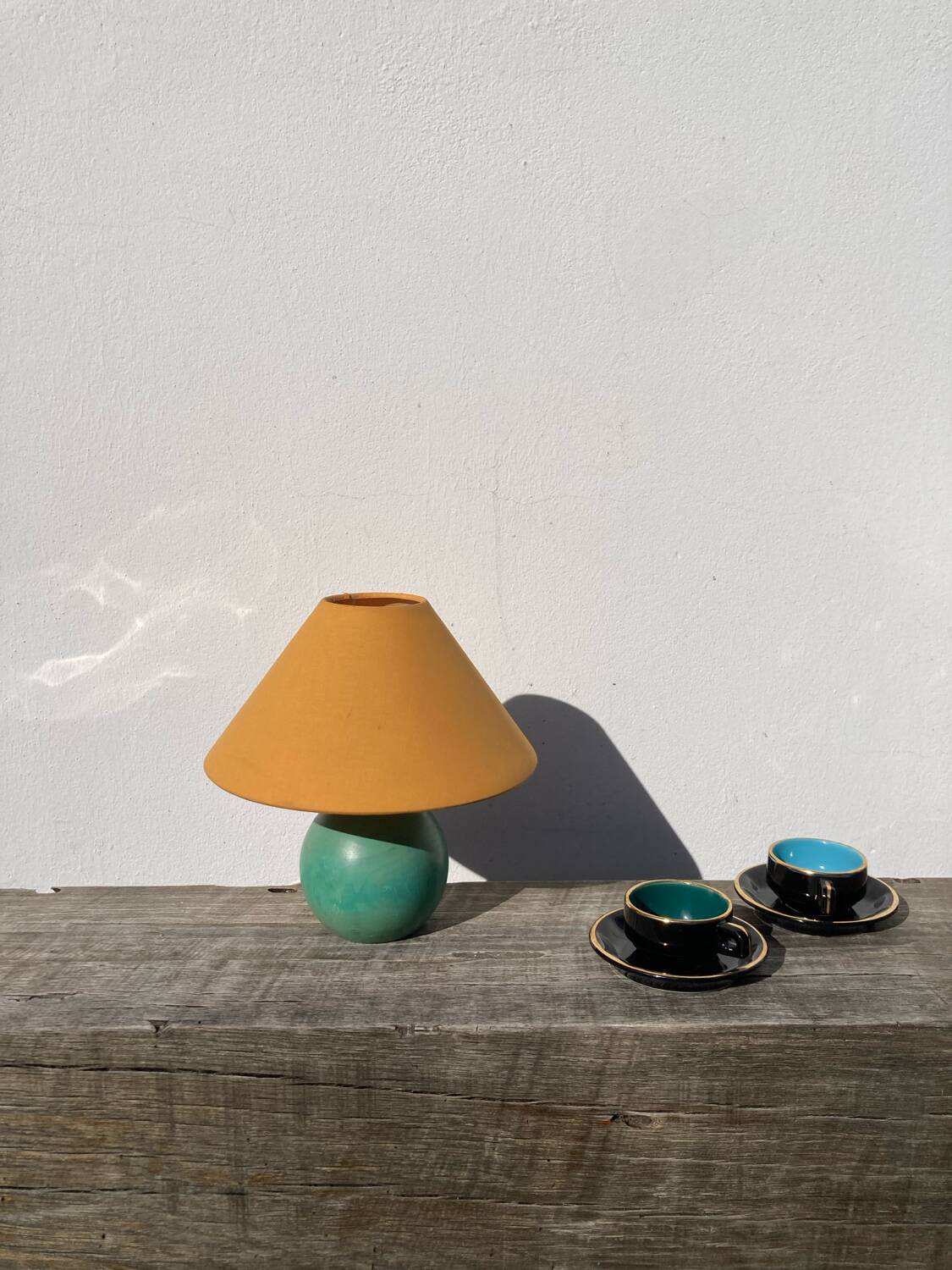 80s green wood ball bedside lamp