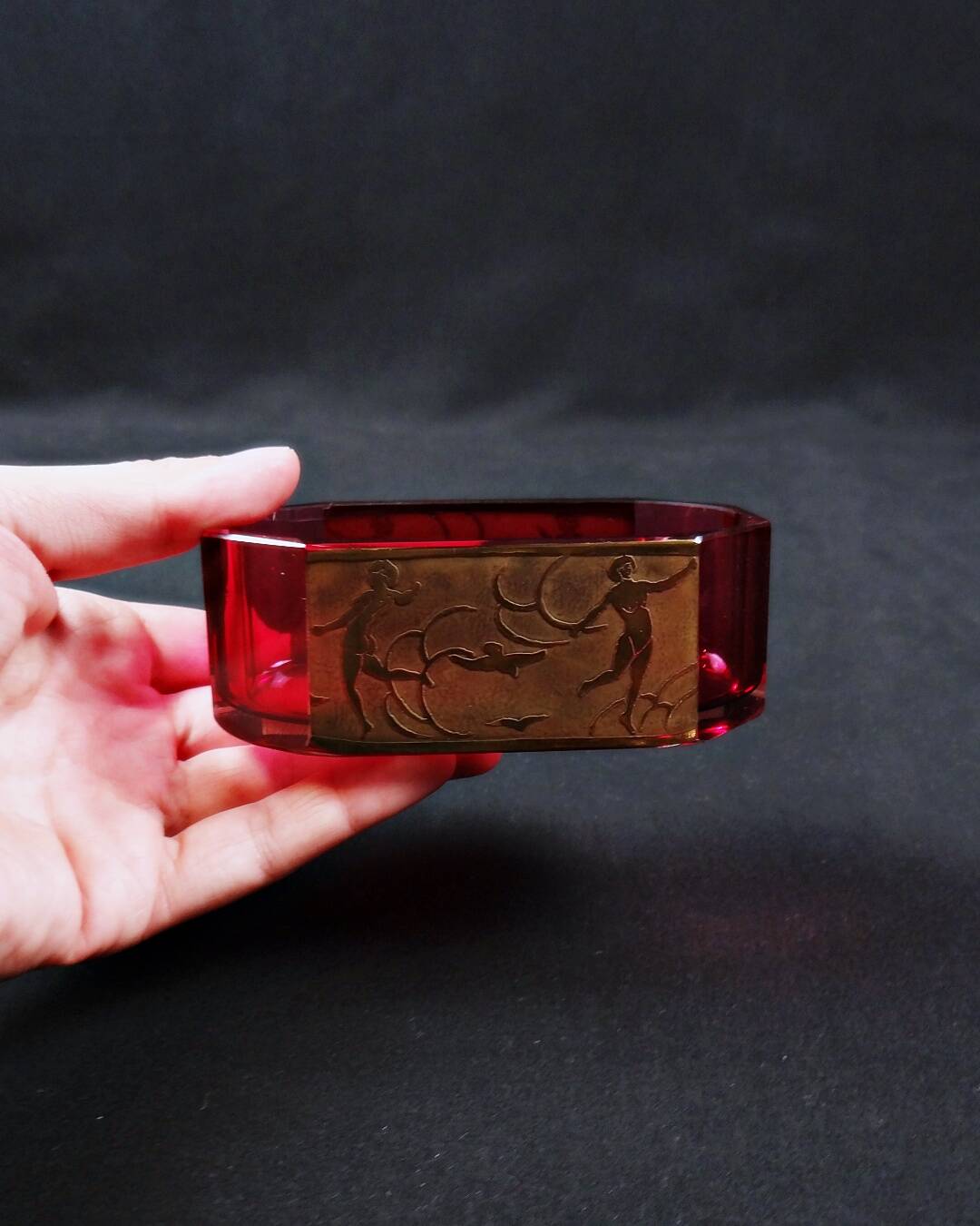 Moser Karlsbad Art Deco Crystal Pocket Tray with Amethyst and Gold Enamel