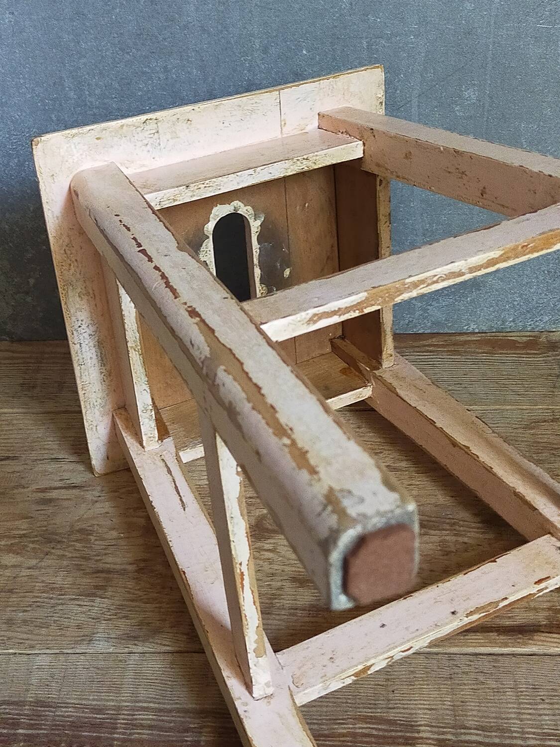 Antique workshop stool in patinated solid wood