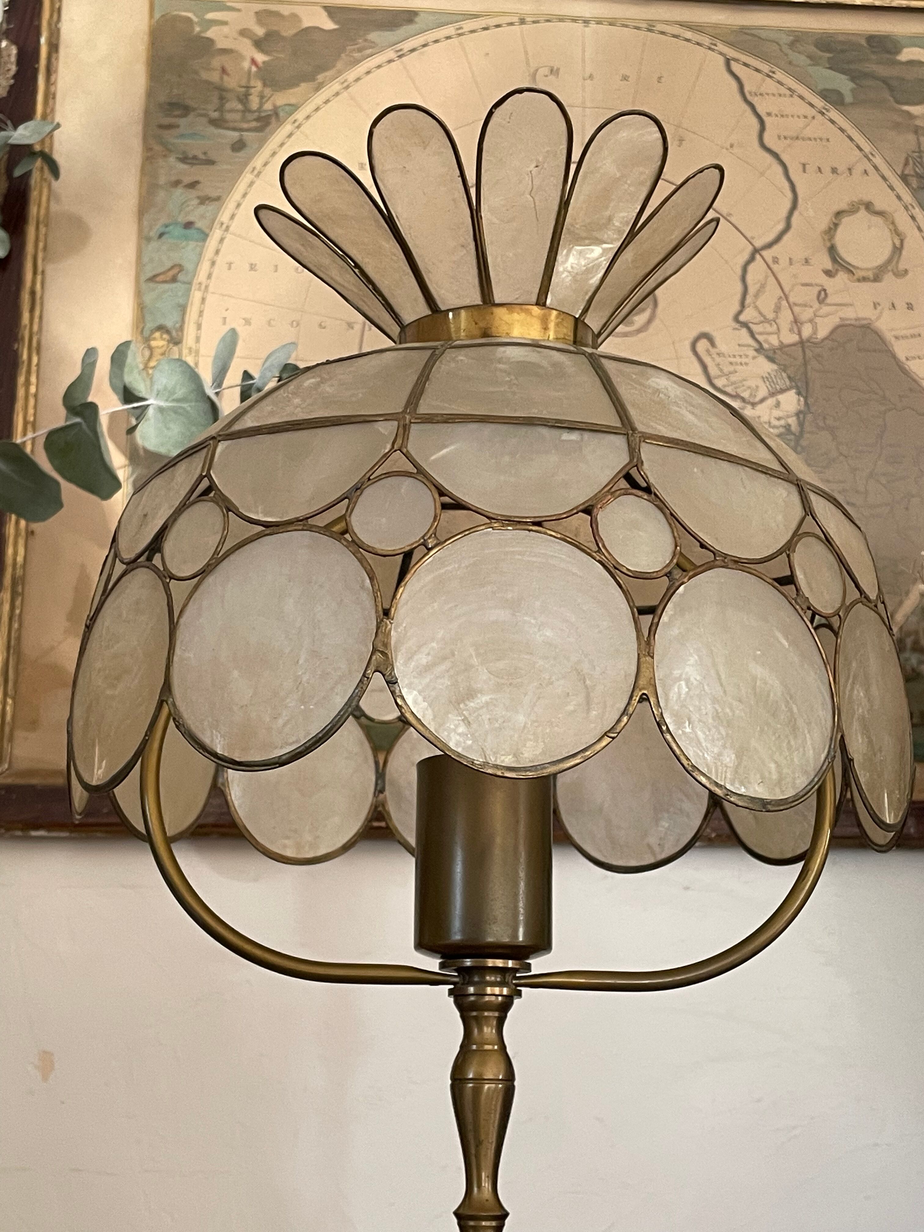 Pair of brass and mother-of-pearl lamps