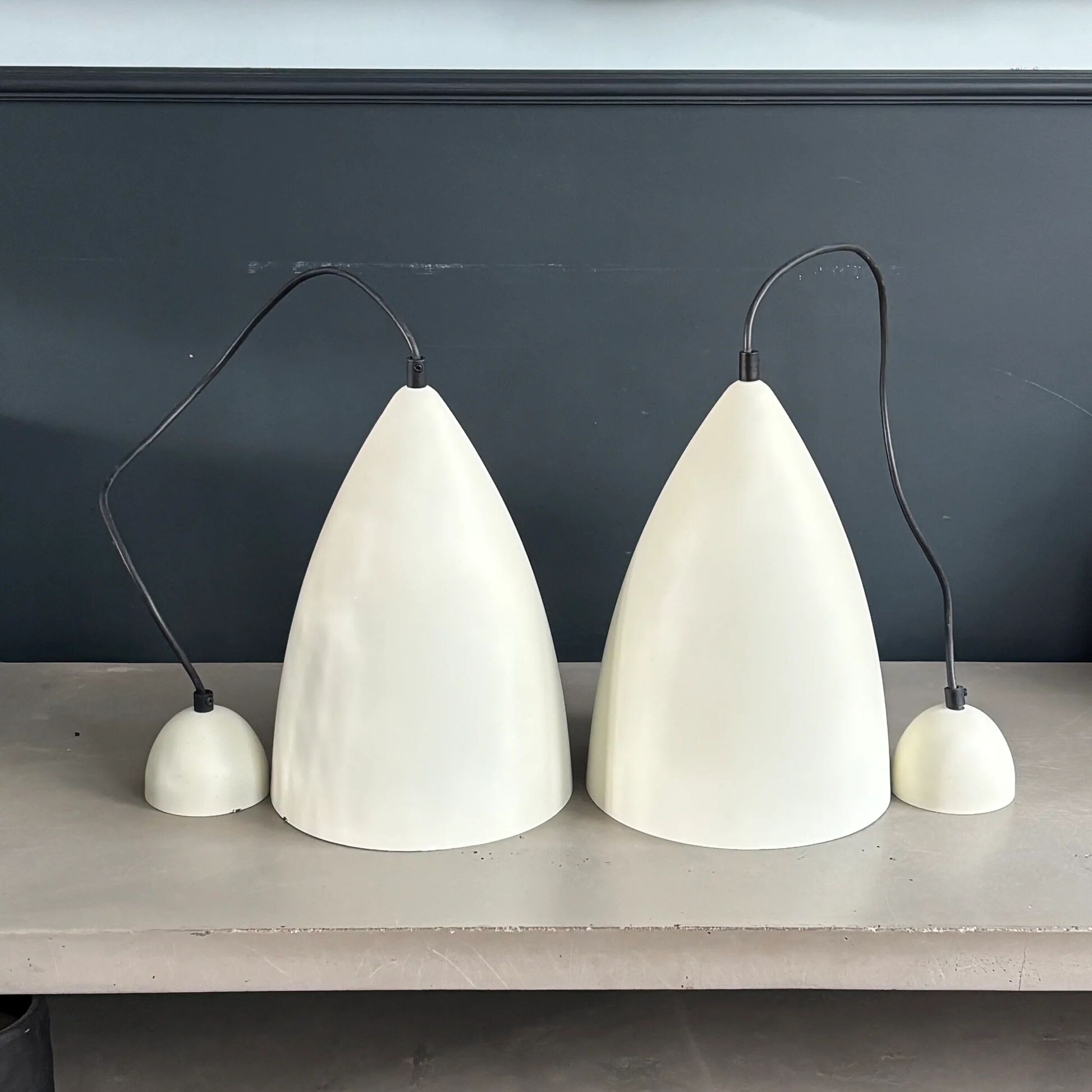 Pair of lacquered metal pendant lights with rose.