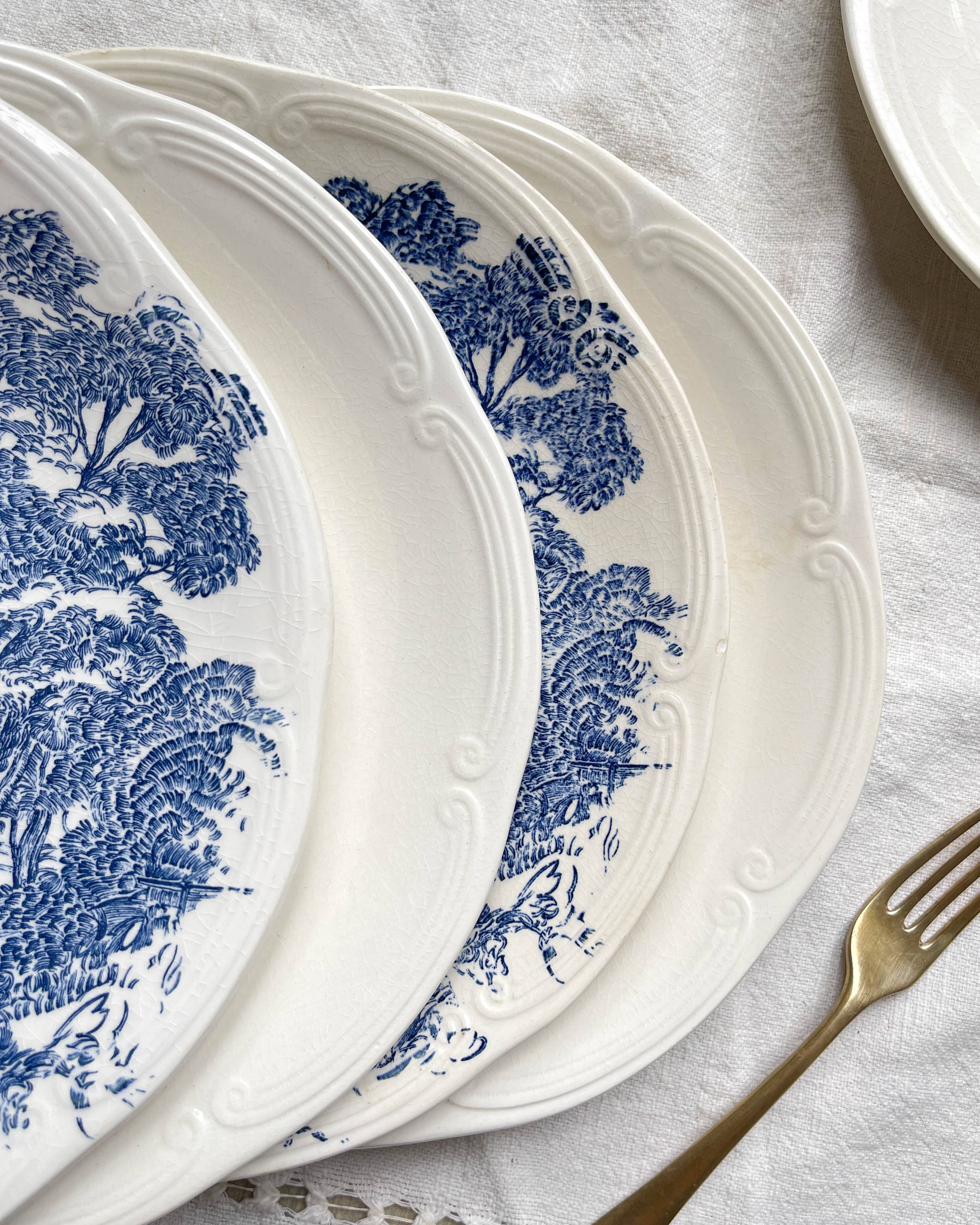 5 vintage Gien earthenware plates from France, mismatched, vintage blue pattern