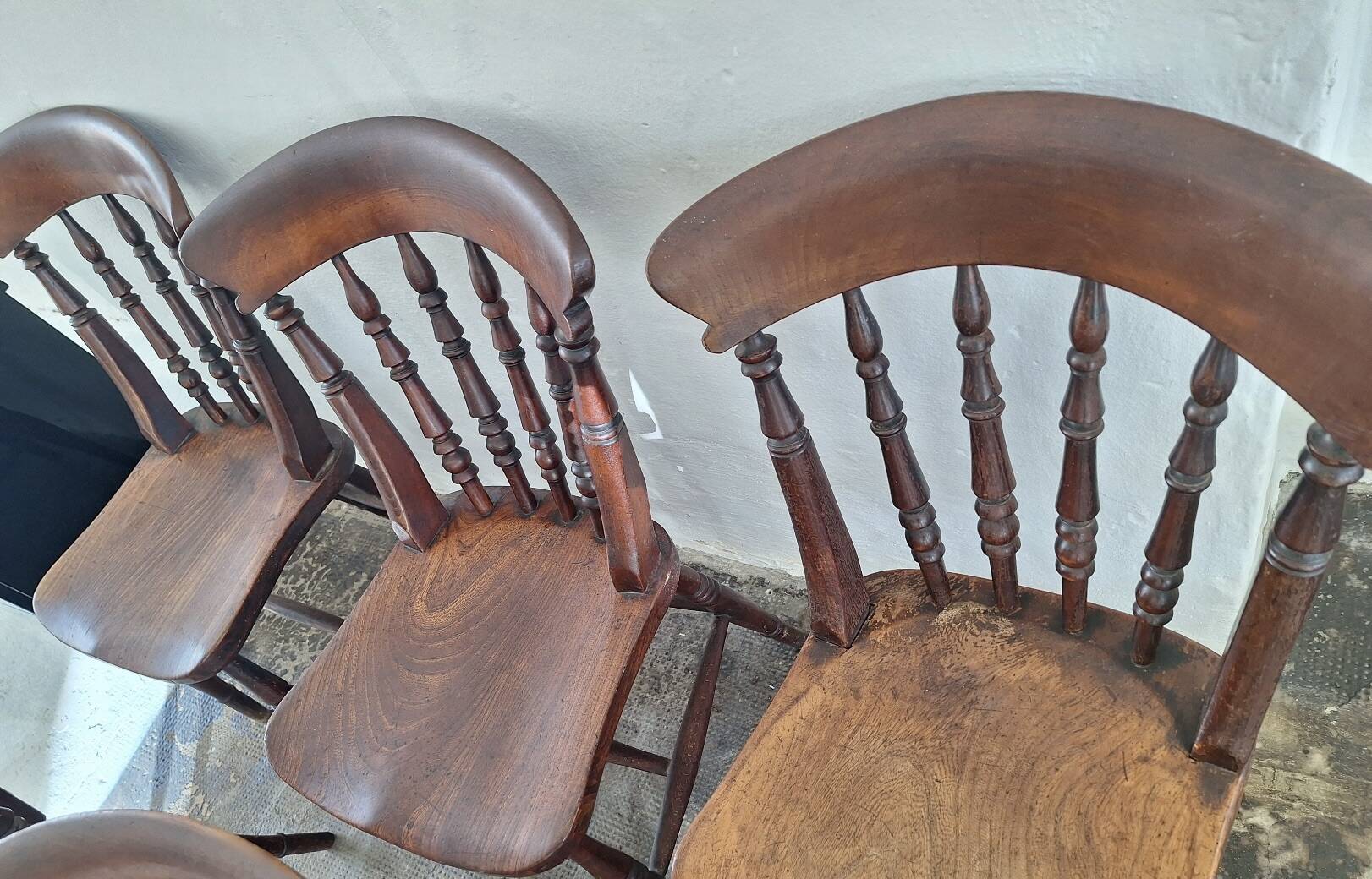 Antique set of 6 farmhouse patinated oak dining chairs, 19th century