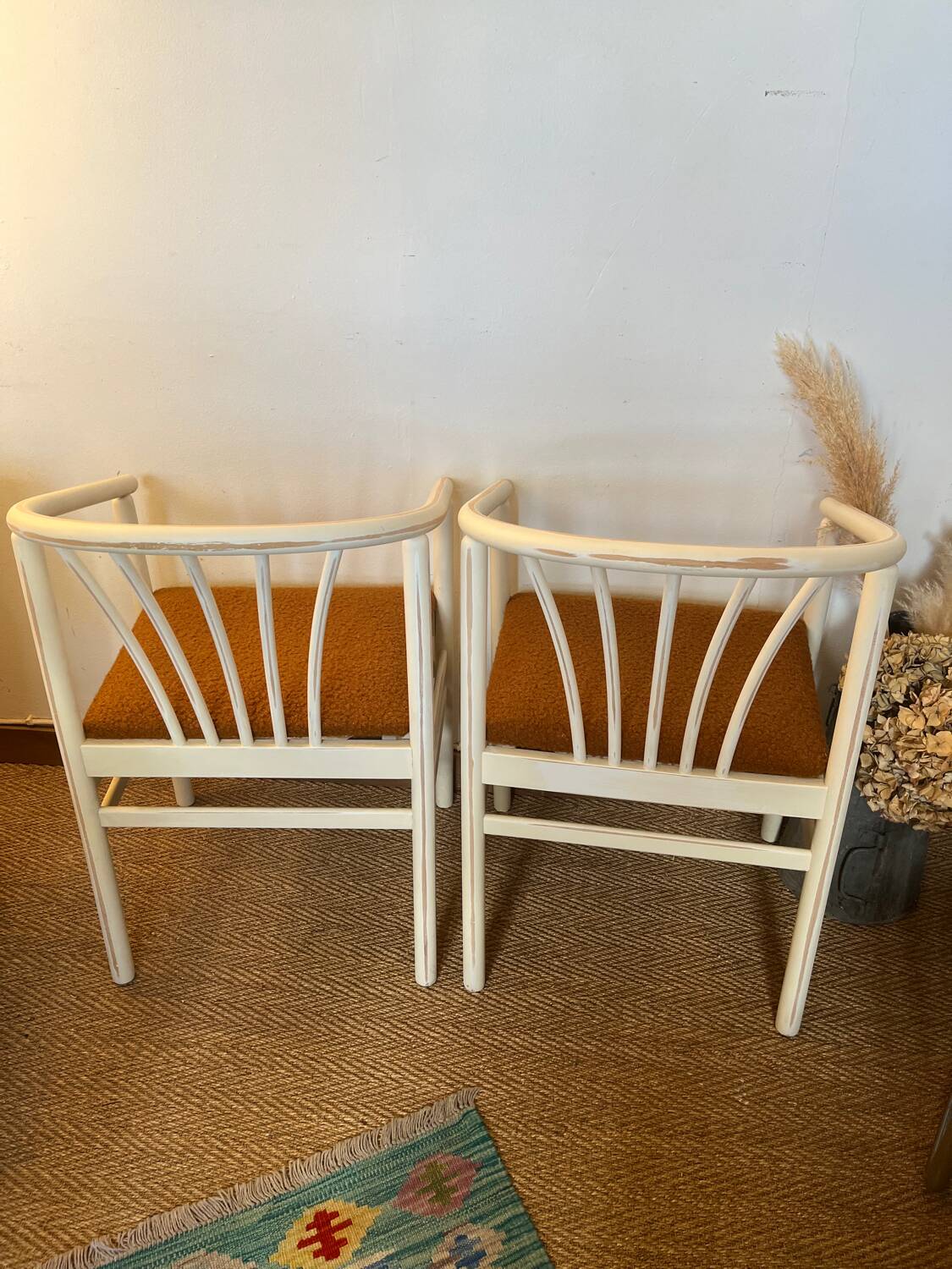 Pair of vintage wood and loop wool armchairs