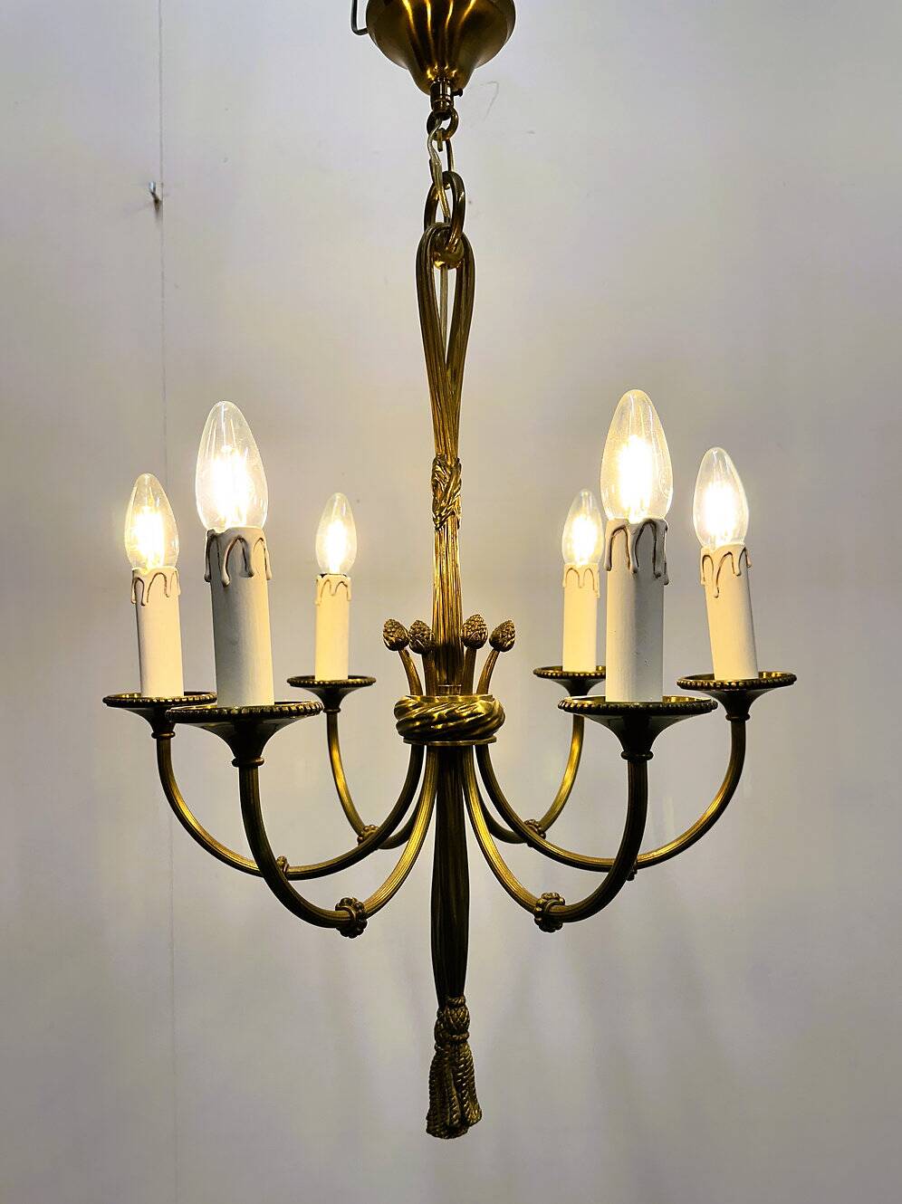 Vintage brass rope & tassel chandelier with 6 lights, France, 1950s