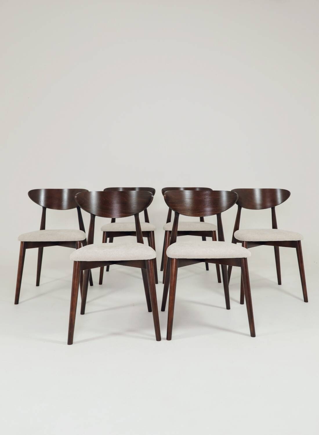Modern Set of 6 Dining Chairs, Ecru Farbic and Dark walnut beech wood