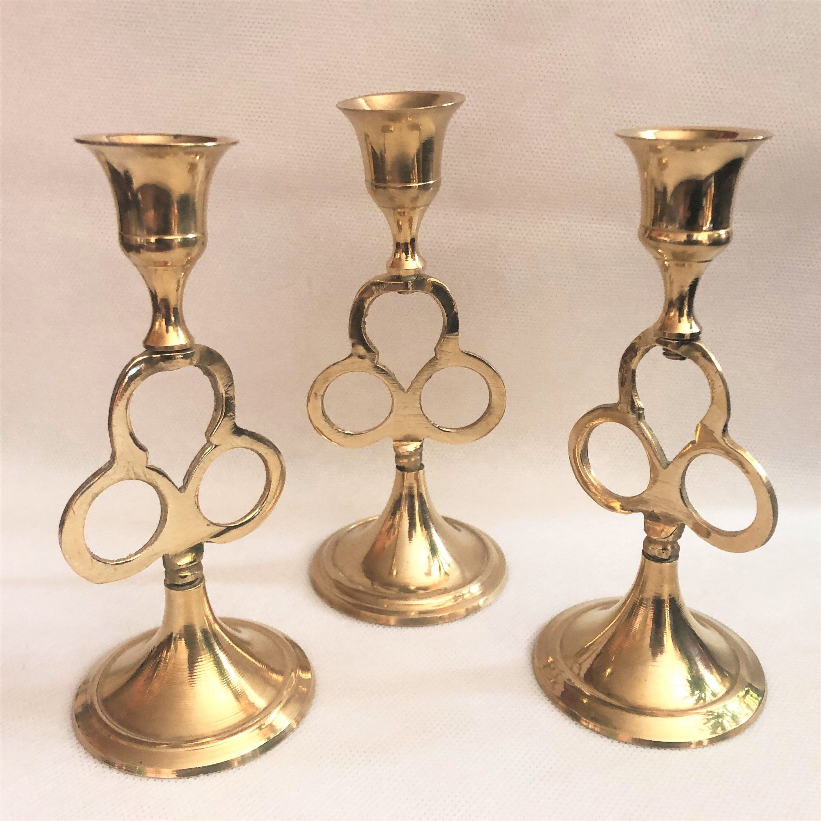 Trio of golden brass candle holder INDIA vintage
