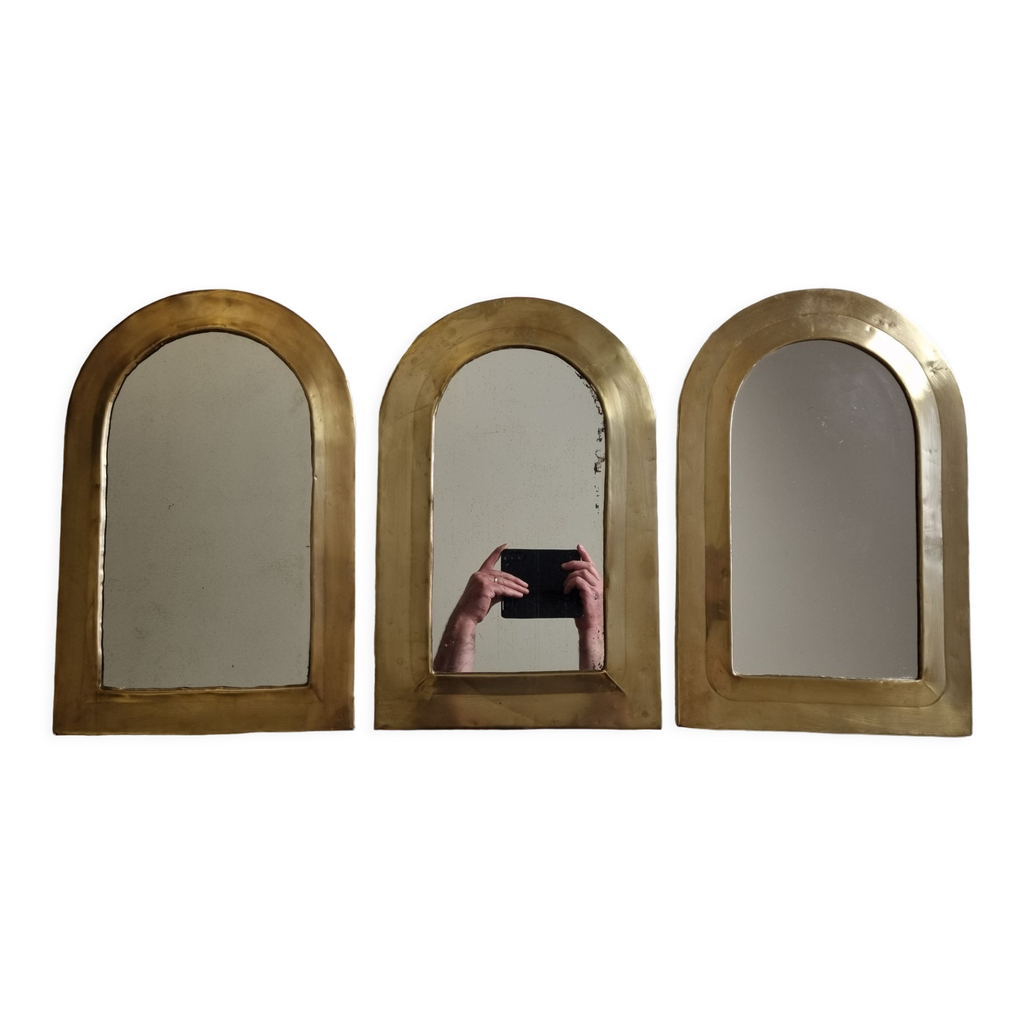 Set of three Moroccan brass mirrors in the form of arches, 43 cm