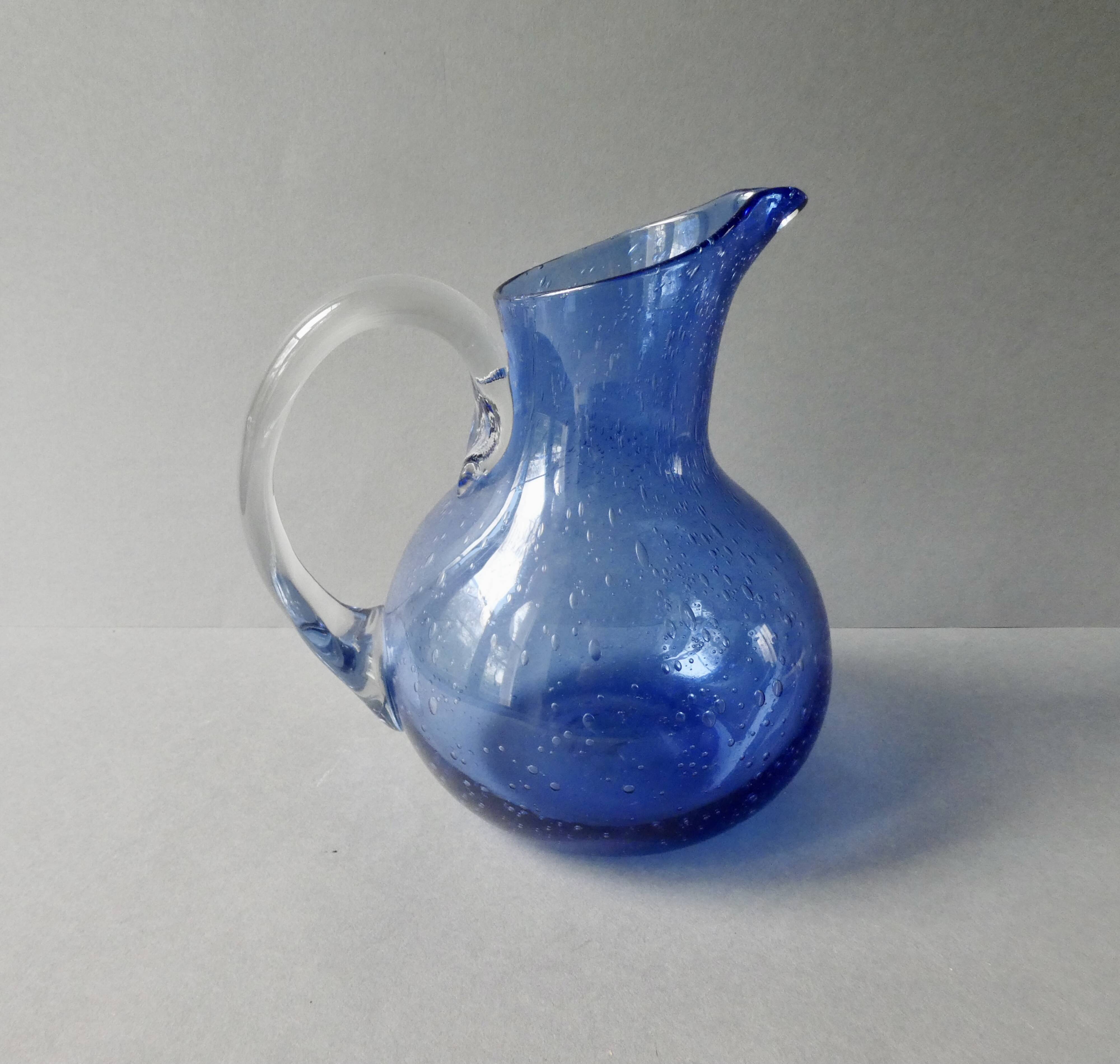 Blue bubble glass pitcher