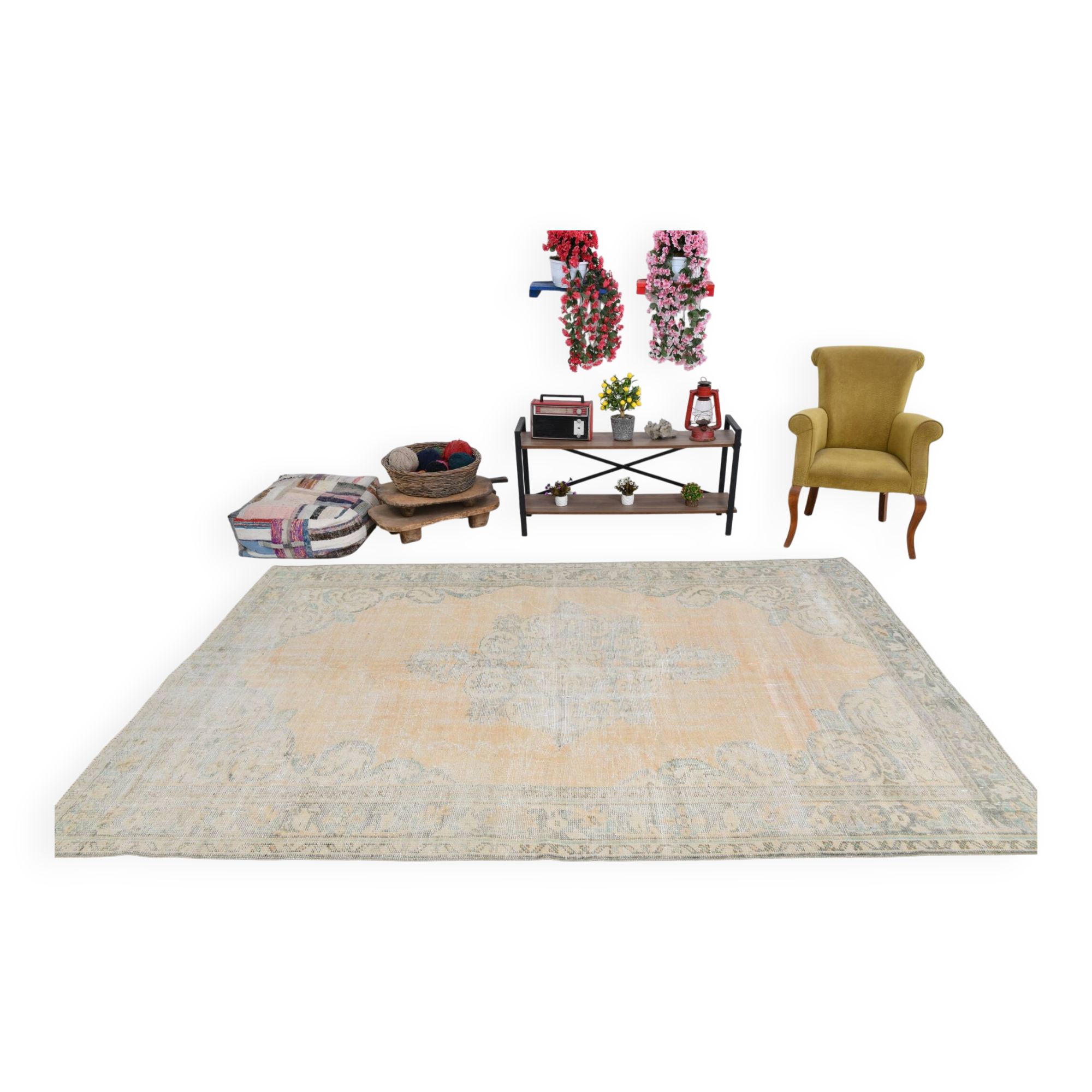 7x10 Light Yellow & Beige Vintage Rug 203x297Cm SK 21426