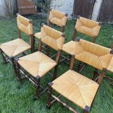 Set of 6 wooden and straw chairs