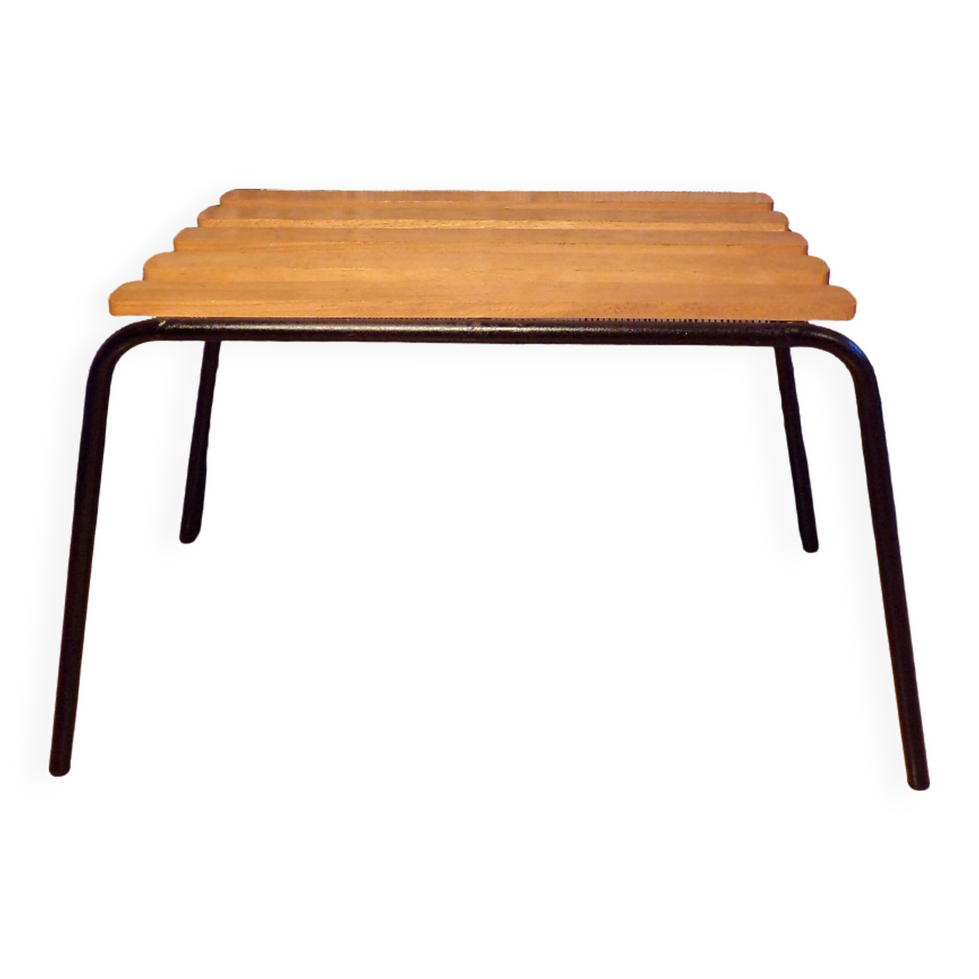 Old 1950s suitcase bench with wooden slats