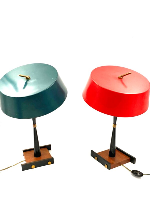 Paire de lampes de table, circa 1950 par Stilux Milan, bleu pétrole, rouge vif
