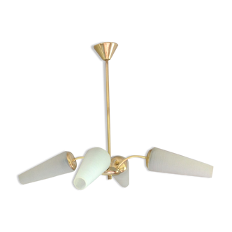 Arlus chandelier with 4 fires in brass and opaline tulip Scandinavian style, vintage 50s-60s
