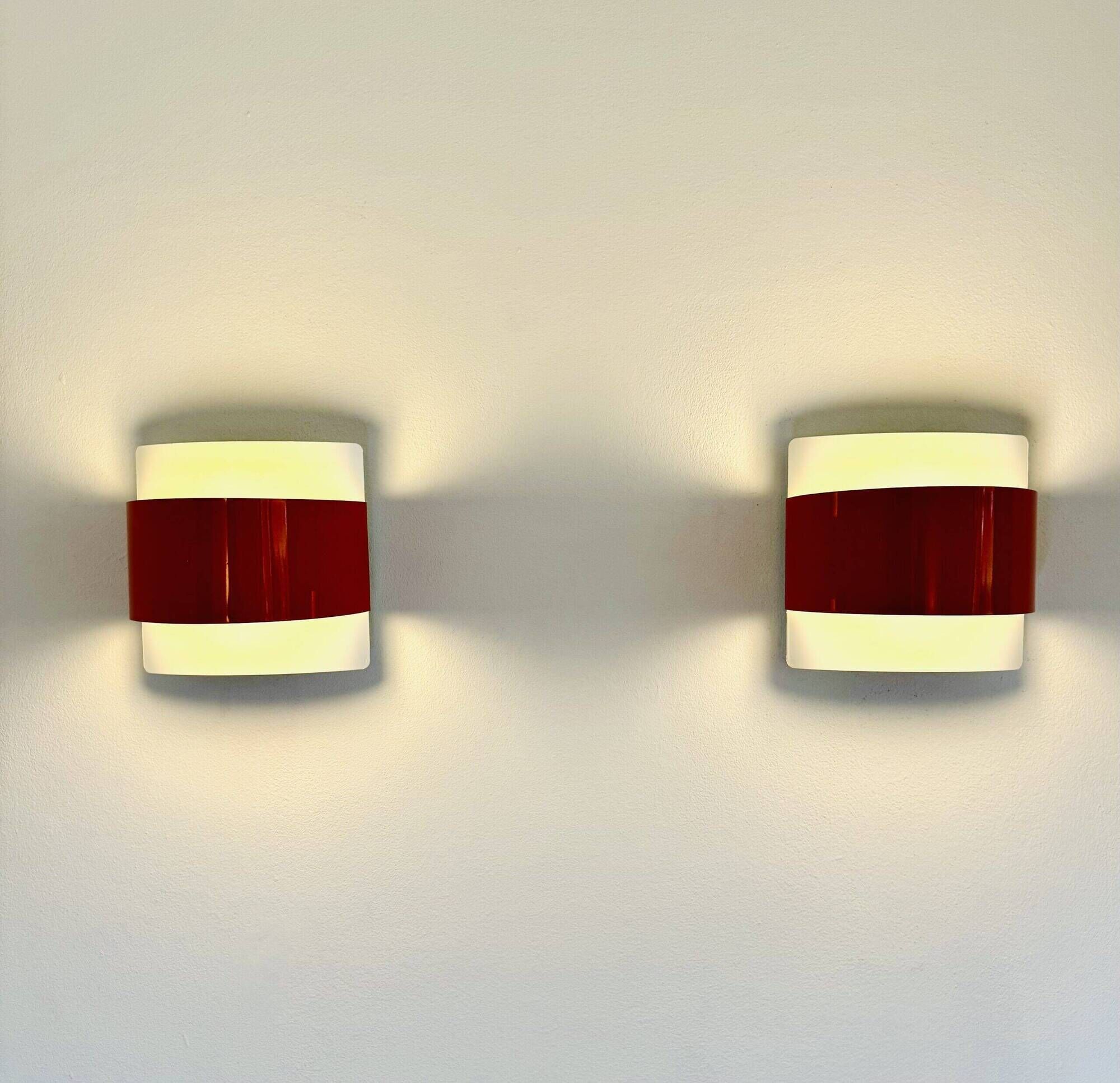 Curved Wall Lamps In Red And White By Peter Celsing For Falkenbergs Belysning, Sweden 1960S