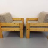 Set of 2 vintage fireside chairs in pine and fabric from the 70s