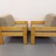 Suite de 2 fauteuils chauffeuses vintage en pin et tissu des années 70