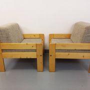 Set of 2 vintage fireside chairs in pine and fabric from the 70s