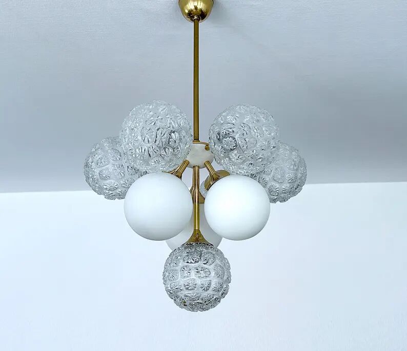 Mid Century Italian Glass & Brass Pendant Light