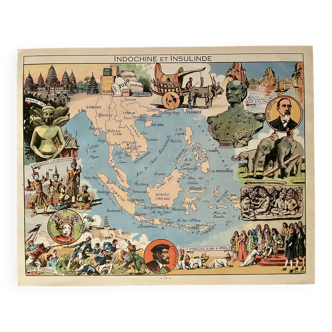 Affiche ancienne carte de l'Indochine et de l'Insulinde - JP Pinchon - 1940