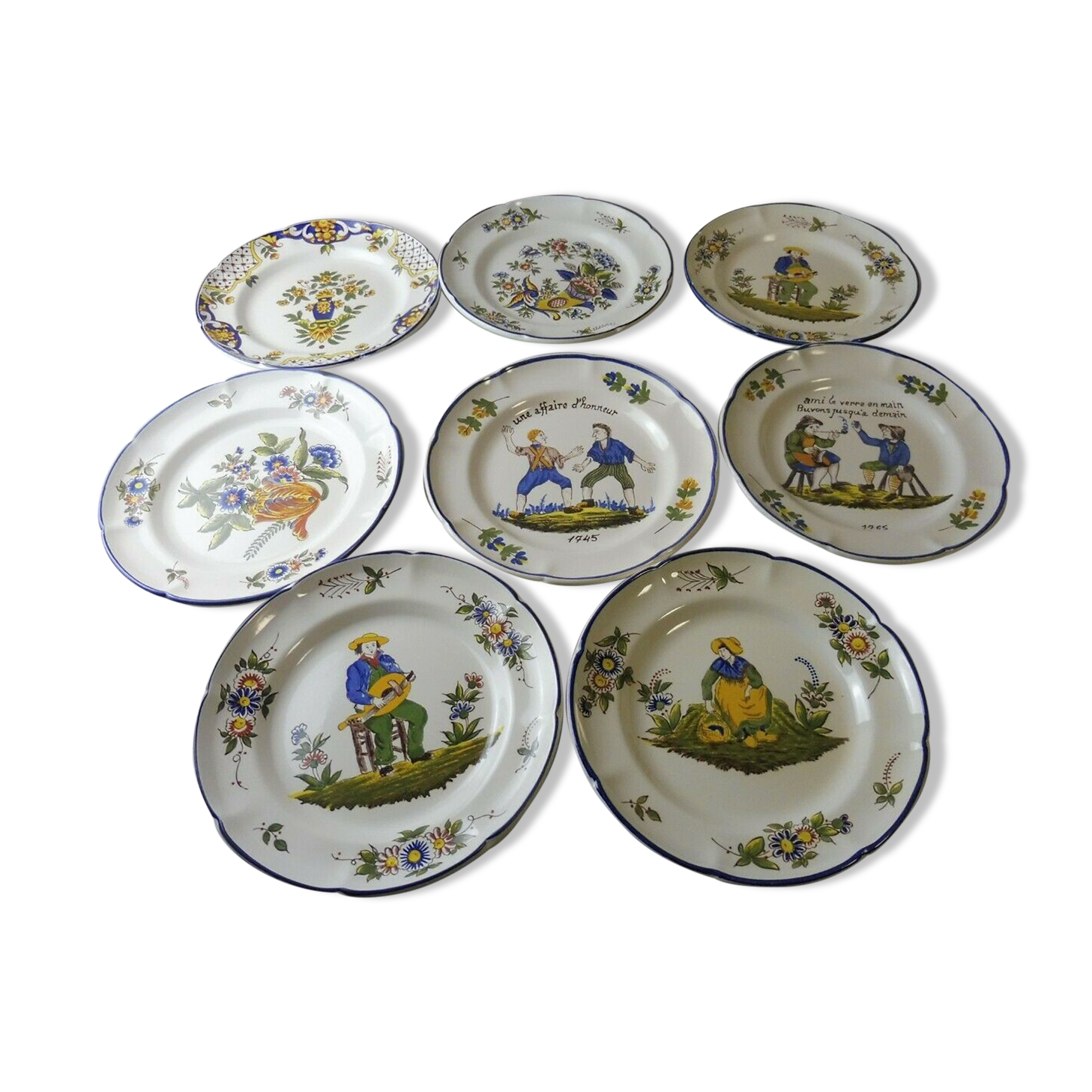 Lot of old plates, Decoration Rouen / peasant, St Clement PD