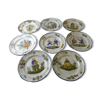 Lot de 8 anciennes assiettes, décor Rouen / paysan, St Clément PD