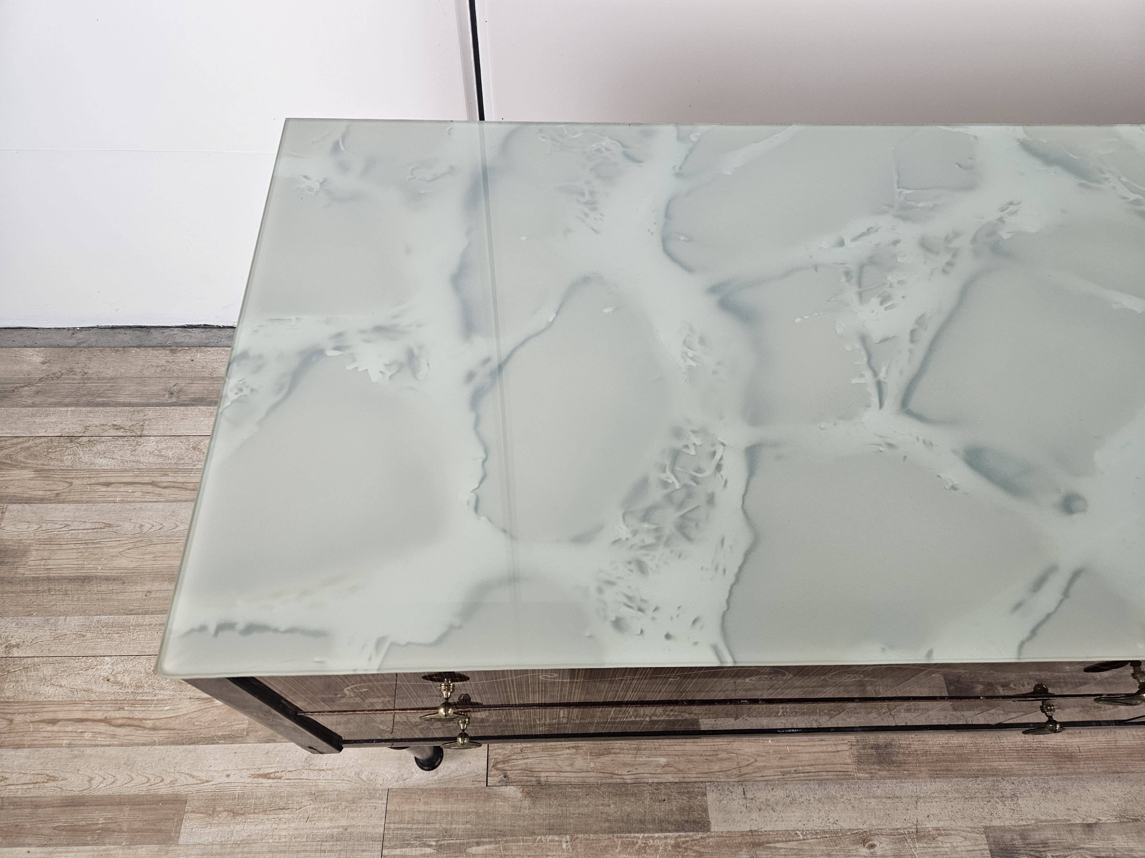 Mid Century Italian Dresser with Blue Glass Work and Four Drawers, 1960