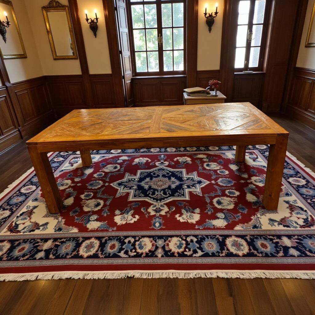 Table XL vintage en bois avec marqueterie