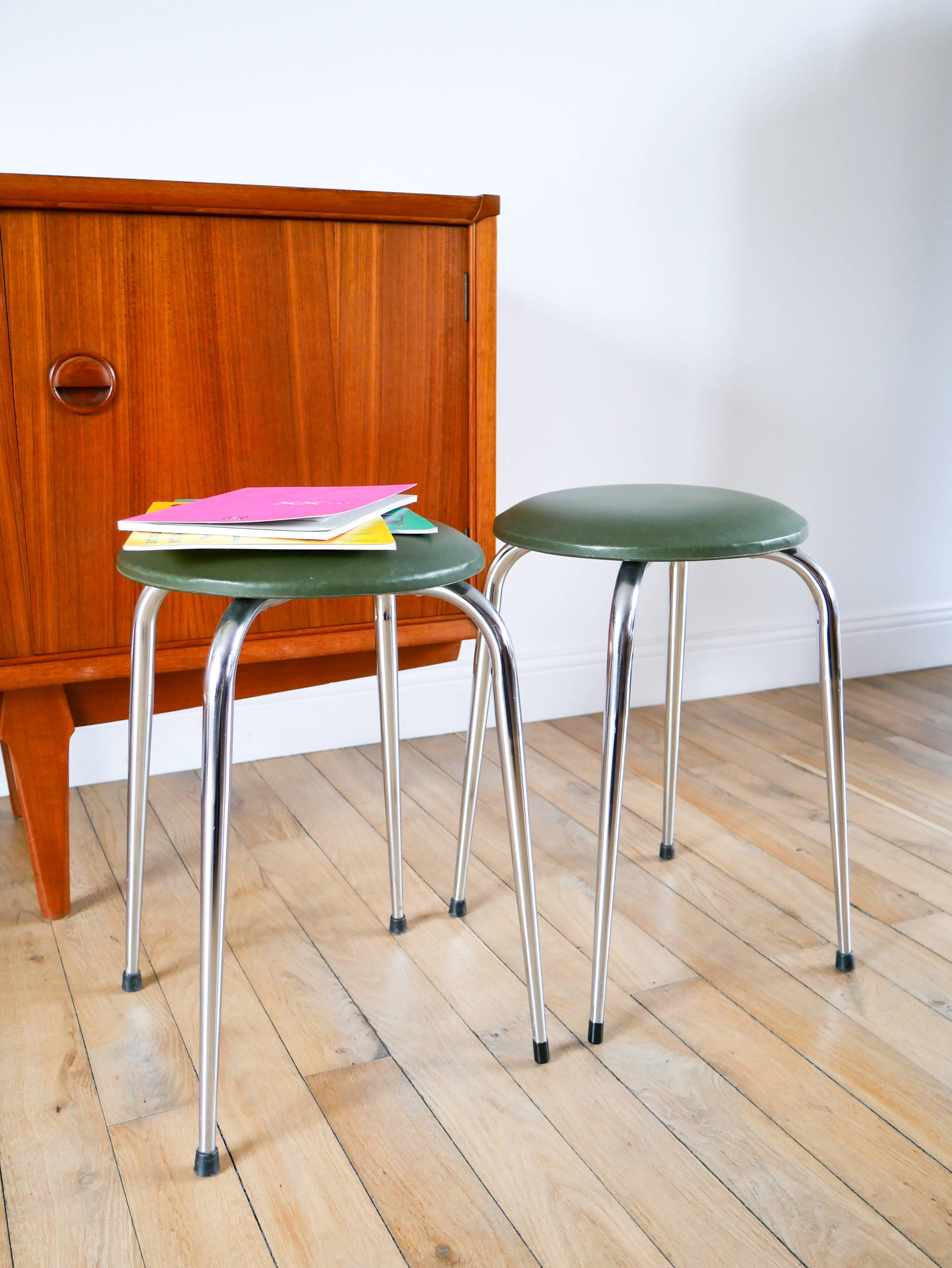 Pair of stools in chrome and bottle green skai, Made in France, Registered Model, 1970