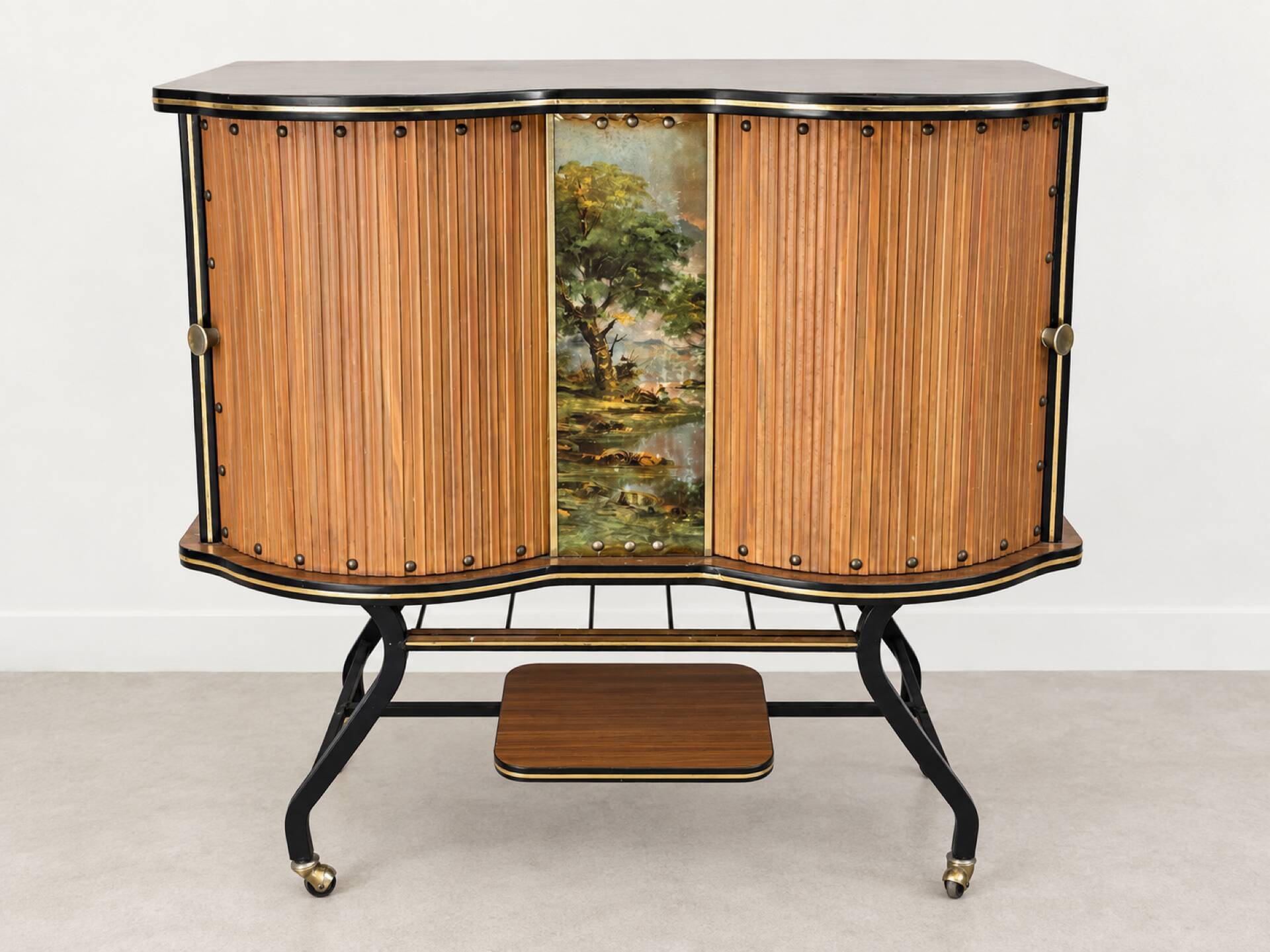 Vintage bar on wheels with tambour doors and painted decor – 1950s.