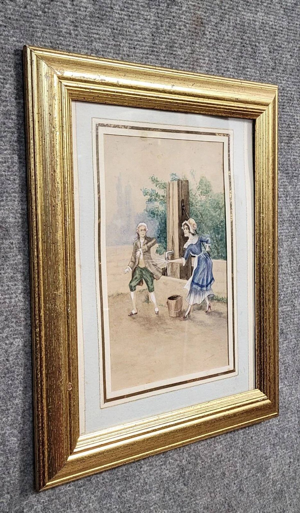 19th-century watercolor depicting a bucolic genre scene: a young woman