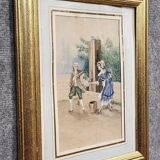 19th-century watercolor depicting a bucolic genre scene: a young woman