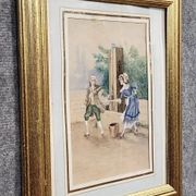 19th-century watercolor depicting a bucolic genre scene: a young woman