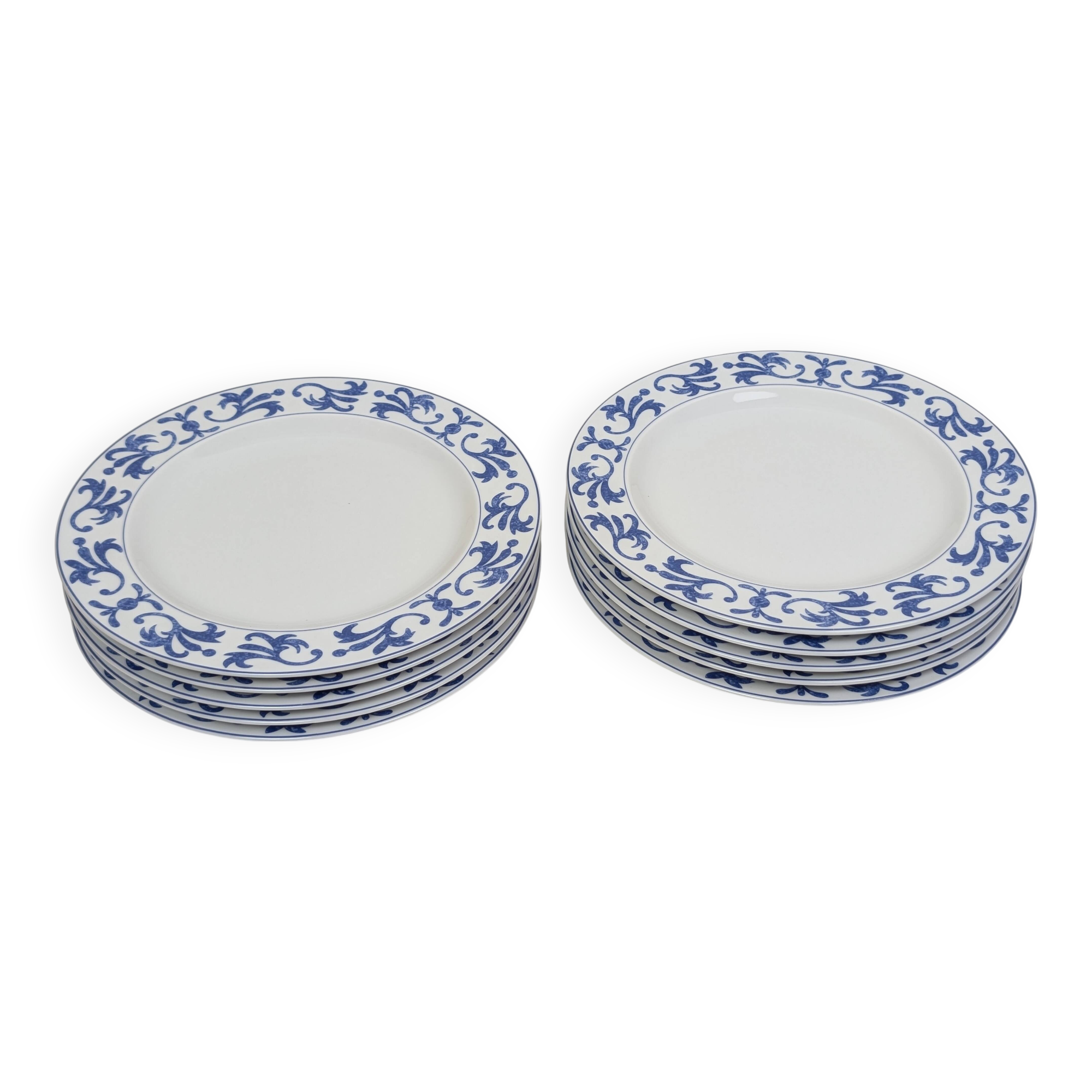 Set of 10 white and blue flat plates