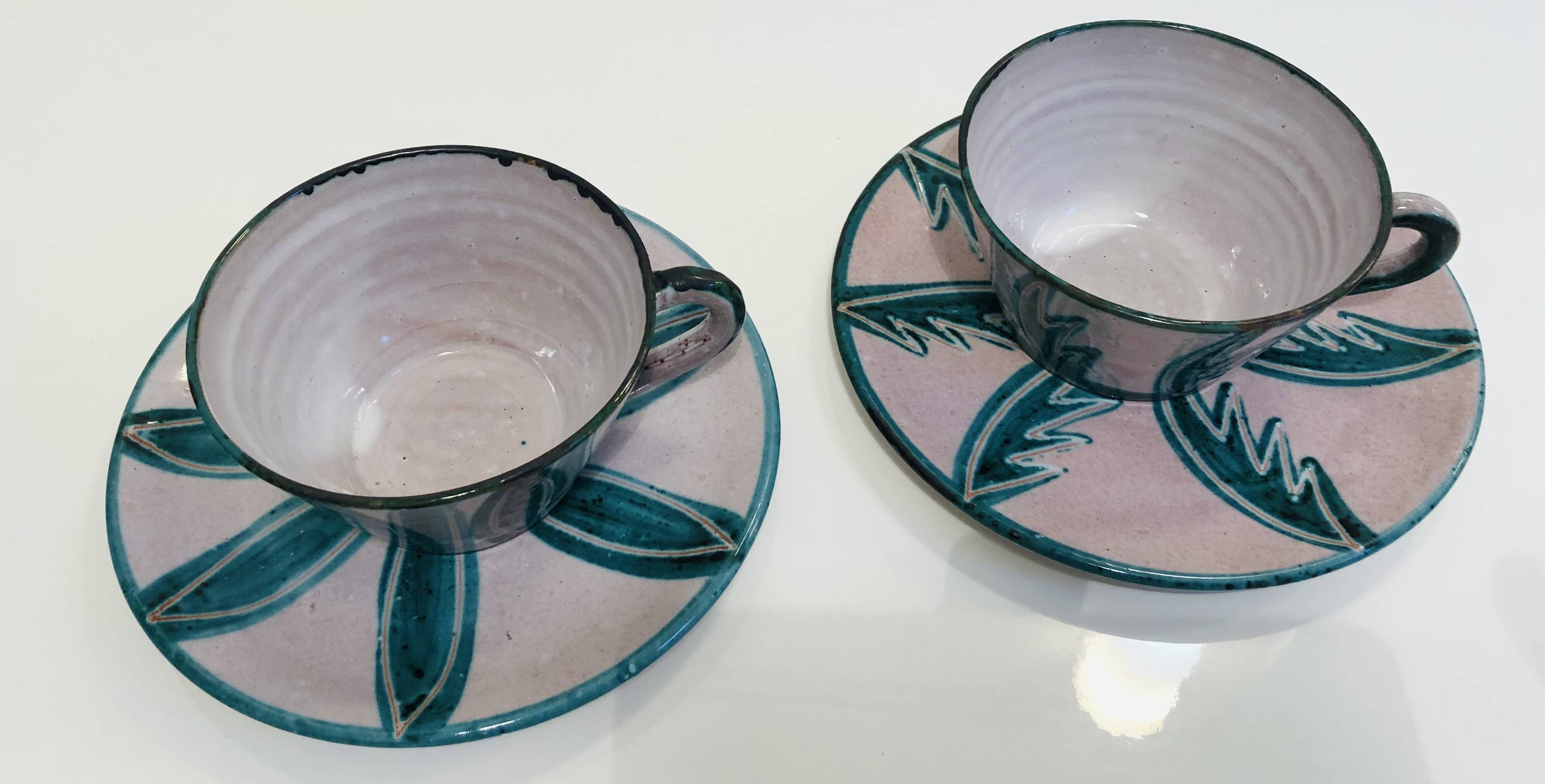 Two coffee or tea cups with their saucer Charles Voltz Vallauris 50s